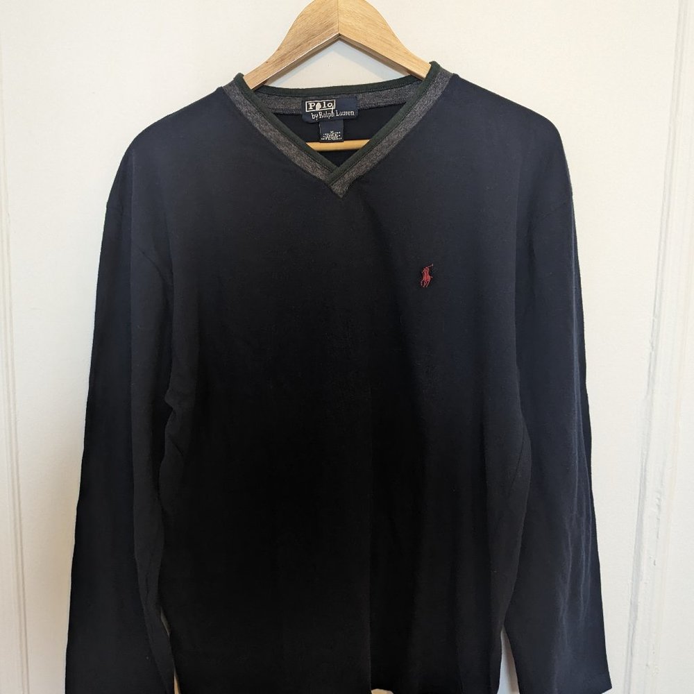 Ralph Lauren Polo Grey V-Neck Sweater W/ Red Logo - Men's Medium